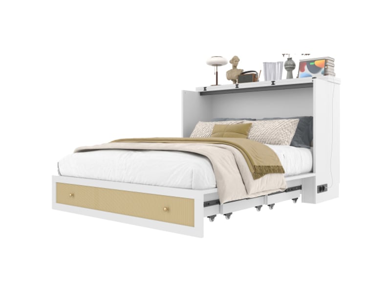  Lit escamotable, 140 x 200 cm, lit mobile avec tiroirs au pied du lit et étagère à la tête de lit, prises usb et électrique, lit plateforme convertible, matelas non inclus, blanc  - Conforama A