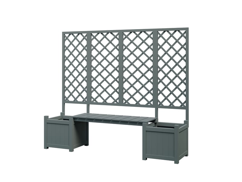 Banc jardinière avec treillis 169x145x42 cm gris en bois, avec bacs de plantation et assise extérieure - Conforama D