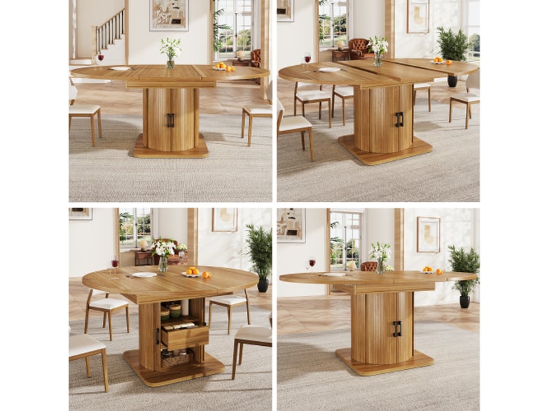 Table à manger extensible - ronde qui s’agrandit en oval, 118-158 cm, 6 places, tiroirs, bois brun foncé  - Conforama B
