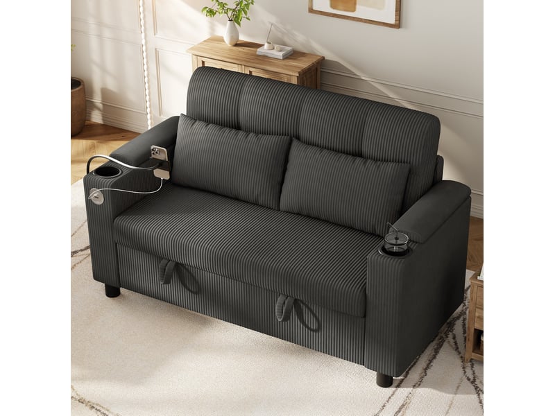  Canapé droit 2 places avec rangement, charge usb et type-c et porte-gobelets en velours côtelé gris  - Conforama D