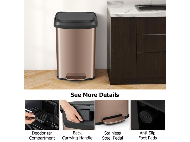 50l poubelle à pédale, poubelle en acier inoxydable avec couvercle à fermeture douce, compartiment désodorisant, poubelle de cuisine anti-odeur rose - Conforama D