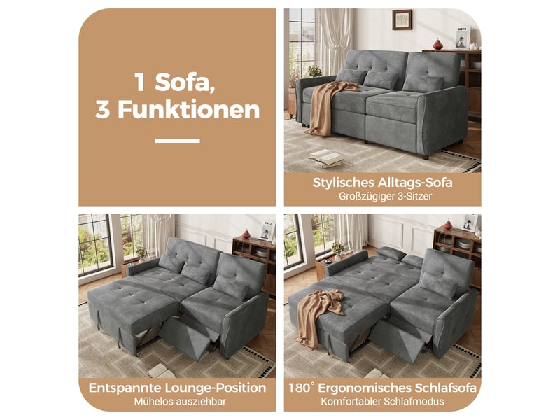  Canapé-lit convertible 3-en-1 3 places 176x148x83 cm avec couchage extractible, dossier réglable 3 positions, repose-jambes, chenille gris  - Conforama E