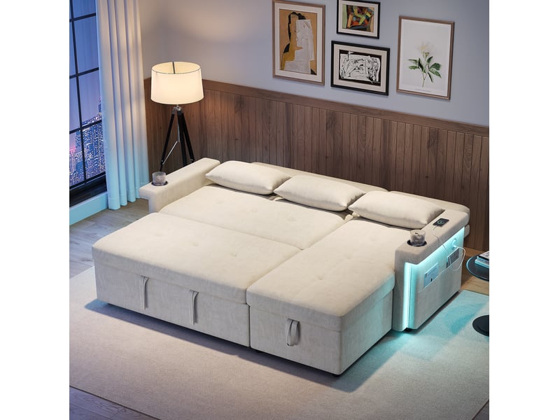  Canapé d'angle convertible avec fonction couchage, led, usb, coffre de rangement, en chenille beige  - Conforama C