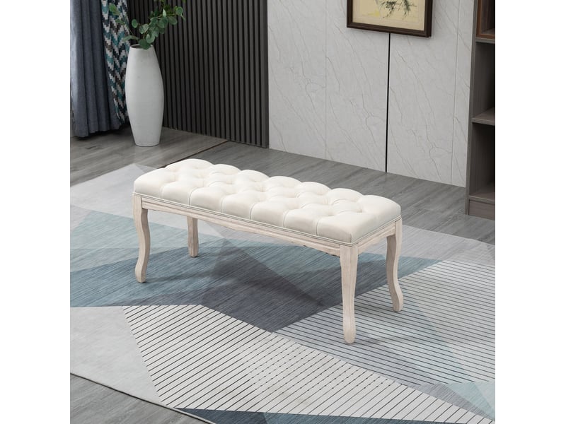  Banc de lit capitonné vintage 110 x 40 x 48 cm beige, tissu aspect lin et bois d'hévéa, pour chambre  - Conforama B