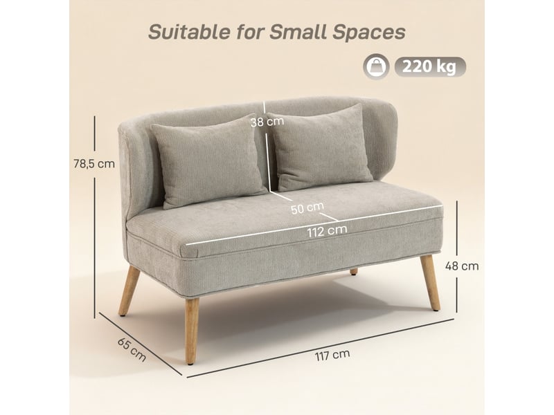  Canapé droit 2 places 117x65x78,5cm dossier à oreilles | style rétro chic tissu chenille et pieds bois | assise épaisse 23cm charge 220kg - beige  - Conforama E