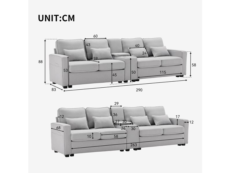  Canapé 4 places 290x83x88cm, poches de rangement, ports usb avec câbles, 2 portes-boissons et 4 coussins, lin gris  - Conforama C