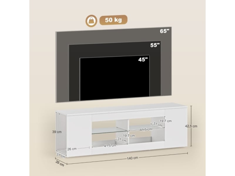  Meuble tv blanc 140 cm - 6 compartiments - 2 étagères en verre - panneau de particules  - Conforama C