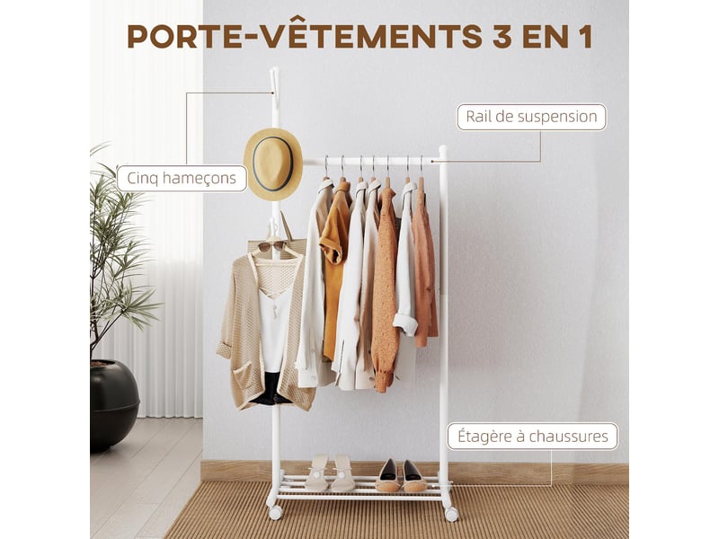  Portant à vêtements sur roulettes avec étagère 5 crochets métal blanc 68 x 43 x 171 cm  - Conforama D