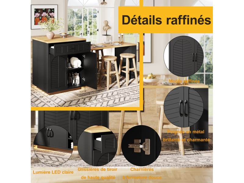  Desserte de cuisine 141-193,5x70x95,5 cm, 2 tiroirs, table extensible, range-bouteilles, en mdf, couleur noir et bois  - Conforama E