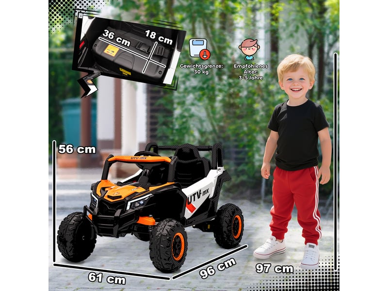  Voiture électrique 12v pour enfants, télécommande, ceinture de sécurité, klaxon, phares led, port usb, pour les 3-5 ans, orange  - Conforama E