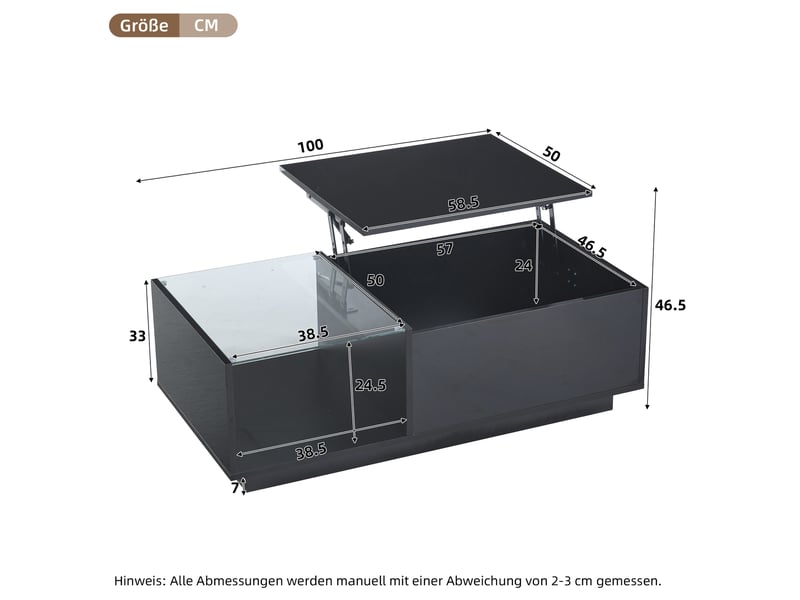  Table basse led, table basse laquée brillante, table de salon avec hauteur réglable, rangement dissimulé et étagère, 50 x 100 x (33-46,5) cm  - Conforama C