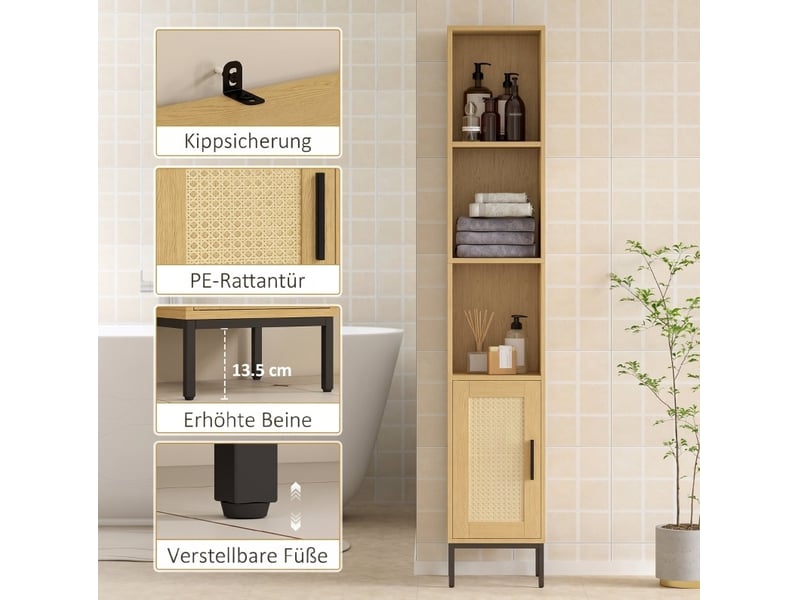  Armoire de salle de bains étroite 30x30x164 cm, 3 niveaux ouverts et tablette réglable, bois, naturel  - Conforama E
