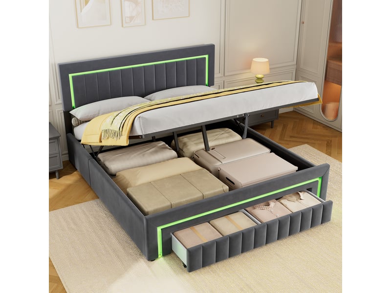  Lit double 180x200 cm avec tiroirs, led et tête de lit rembourrée gris foncé homvra  - Conforama D