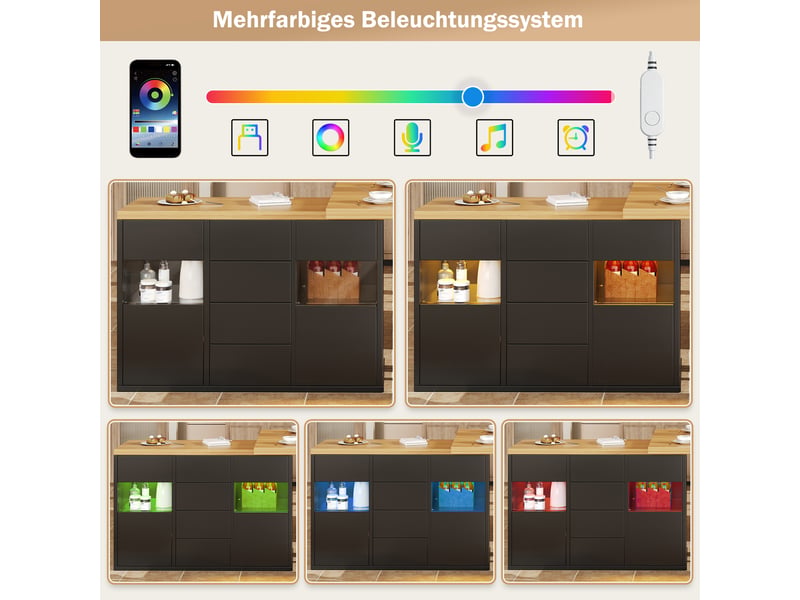  Îlot de cuisine noir rotatif 360° 120–197cm avec led rgb via appli, portes vitrées, 4 grands tiroirs, étagères réglables  - Conforama C