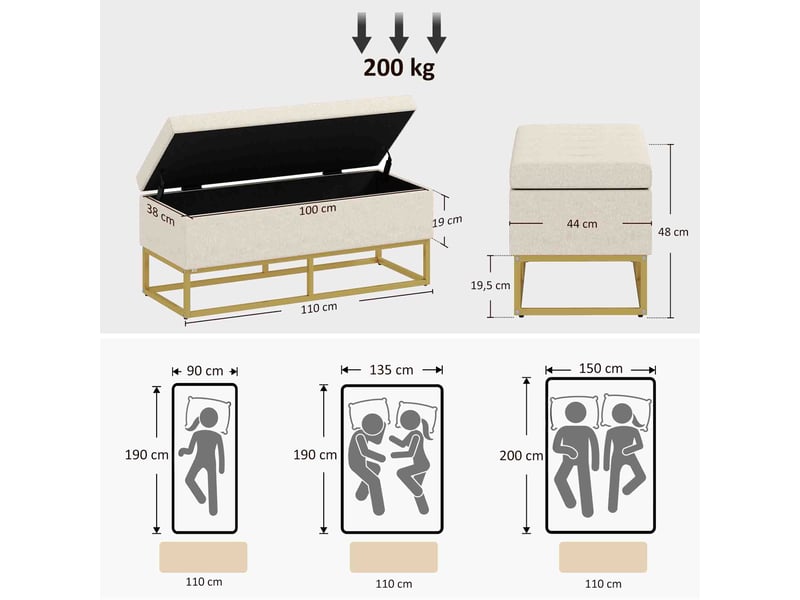  Banc banquette avec coffre de rangement 2 en 1 assise capitonnée et pieds en acier dimensions 110 x 44 x 48 cm coloris beige et doré  - Conforama C