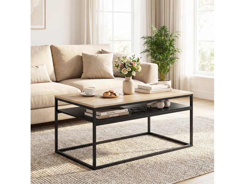  Table basse avec 1 niche ouverte, design industriel bicolore, pour salon, 100 × 59,8 × 47 cm, en bois et métal, chêne  - Conforama B
