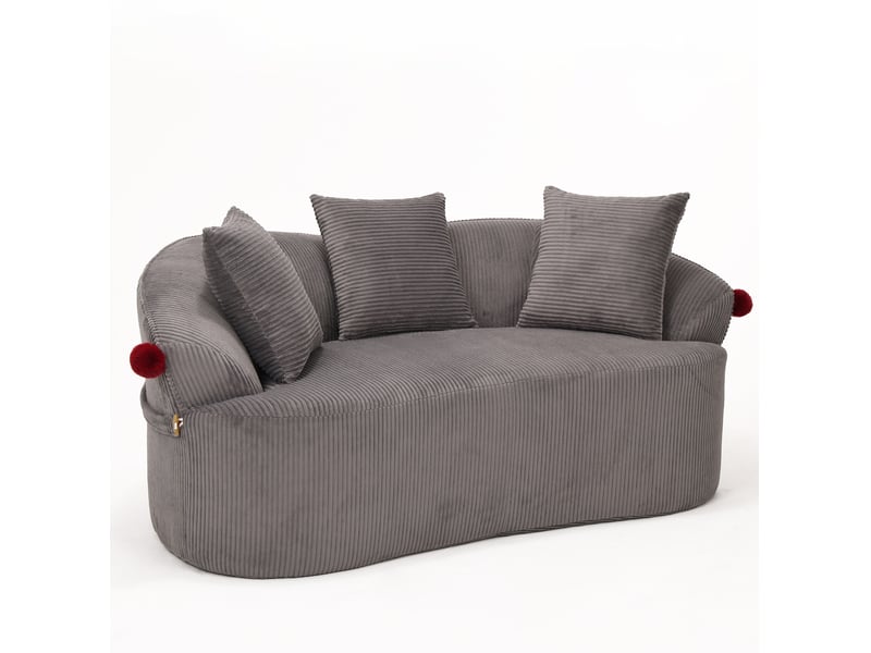  Canapé droit 2 places aux lignes courbes avec 3 coussins, pompons et coussin en velours côtelé gris foncé  - Conforama A