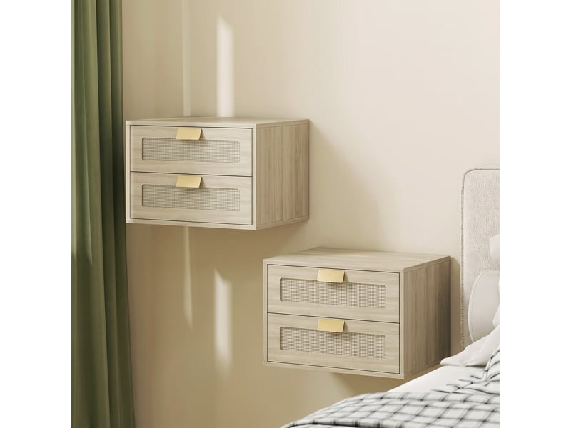  Lot de 2 tables de chevet murales, tables de nuit suspendues avec 2 tiroirs et plateau à effet rotin, chêne  - Conforama A