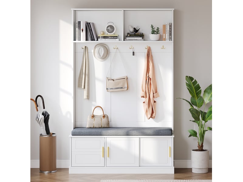  Meuble d'entrée avec 6 crochets, banc et rangement à chaussures, étagère, pour couloir, blanc, 120 × 40 × 191 cm  - Conforama C