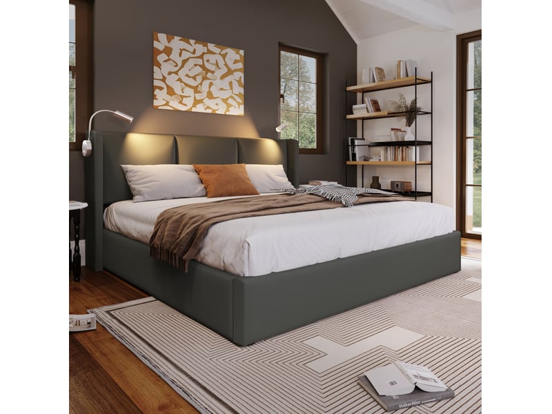  Lit coffre adulte 2 places 160x200 cm avec sommier, tête de lit avec éclairage led de lecture, usb, cadre métal, pu gris, sans matelas  - Conforama D