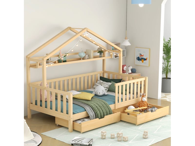  Lit cabane enfant 90x200 cm avec 2 tiroirs, pin et mdf, naturel  - Conforama B
