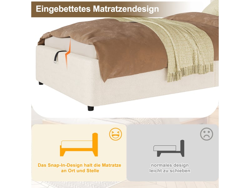 Lit enfant 90x200 cm avec sommier à lattes, lit réglable hydrauliquement avec tête de lit, beige, lit adulte lit 1 personne - Conforama W