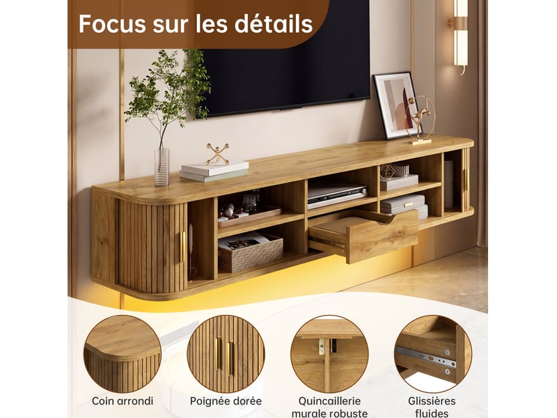  Meuble tv mural en mdf 175 x 30 x 30 cm, façade à rainures verticales, éclairage led réglable par application  - Conforama D