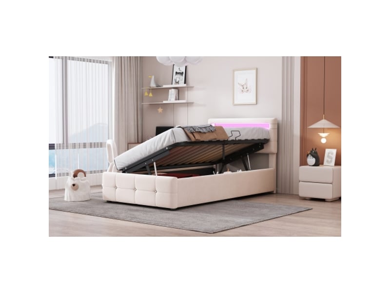 Lit coffre 1 place 90x200 cm velours beige, hydraulique + LED + tête ajustable – rangement et confort  - Conforama W