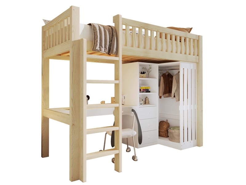  Lit mezzanine 90x200 cm avec bureau, armoire et 3 tiroirs intégrés, lit simple en pin avec rangements ouverts, escalier et garde-corps - naturel  - Conforama A