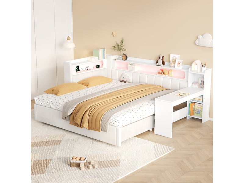  Lit gigogne 90x200 + 180x200 cm avec led et usb, bureau intégré, en mdf contreplaqué et lin blanc  - Conforama B