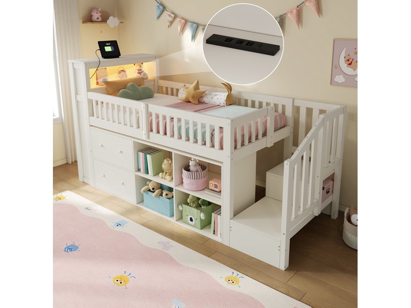  Lit mezzanine enfant 90 × 200 cm 1 place avec bureau, rangements, led réglable et ports usb, sans matelas, blanc  - Conforama B