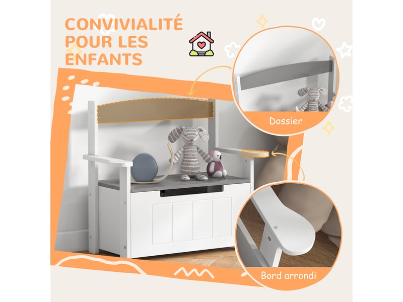  Coffre à jouets pour enfants 2 en 1 et banc vérin pneumatique 68,5l x 34l x 58h cm - avec dossier et accoudoirs  - Conforama E