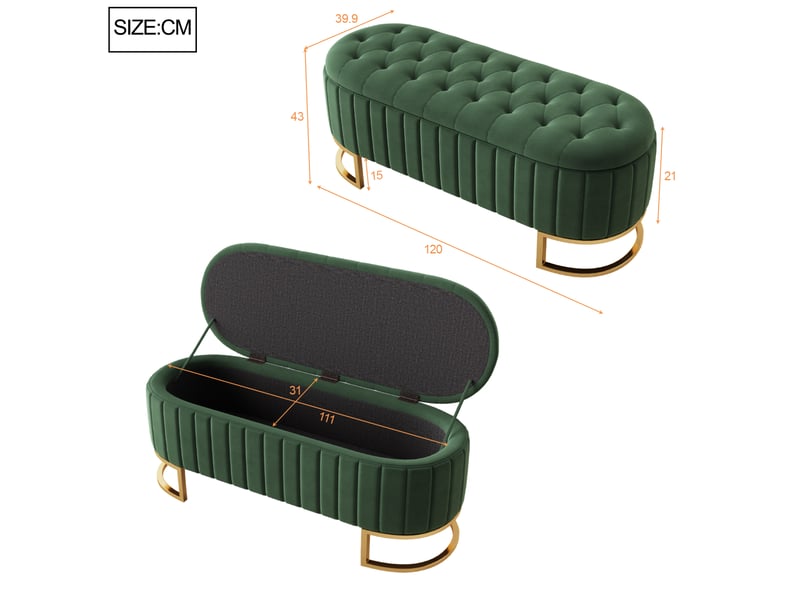  Banc coffre rembourré 120x40 cm en velours vert avec rangement  - Conforama C
