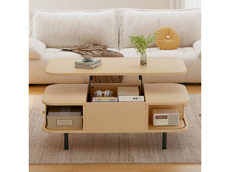 Table basse relevable 101x51x52.5 cm avec rangement en mdf, coloris bois naturel - Conforama D