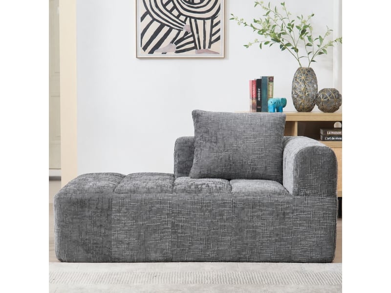  Canapé méridienne gris en chenille, chaise longue rembourrée avec coussin et poches latérales  - Conforama C