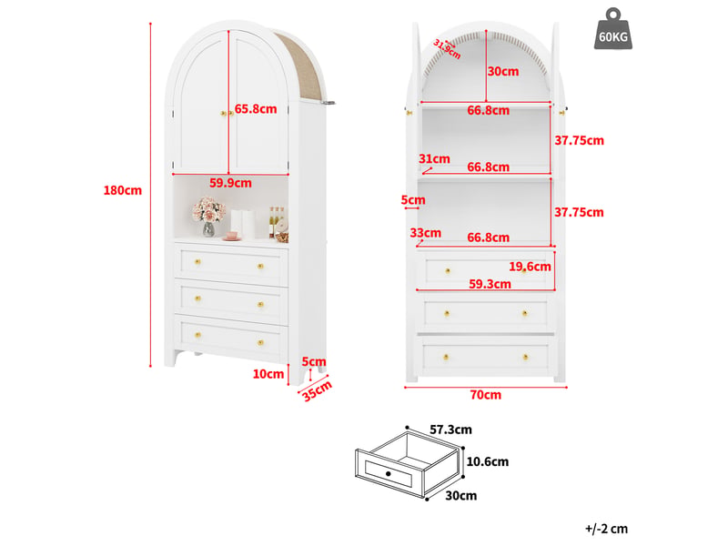  Buffet haut modenvie de rangement 70 x 35 x 180 cm mdf blanc avec 3 tiroirs  - Conforama C