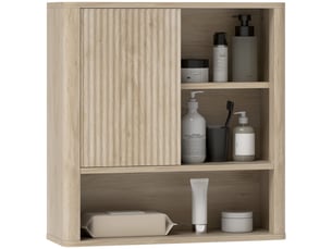 Armoire murale salle de bain avec étagères réglables, porte coulissante et étagères ouvertes, bois naturel