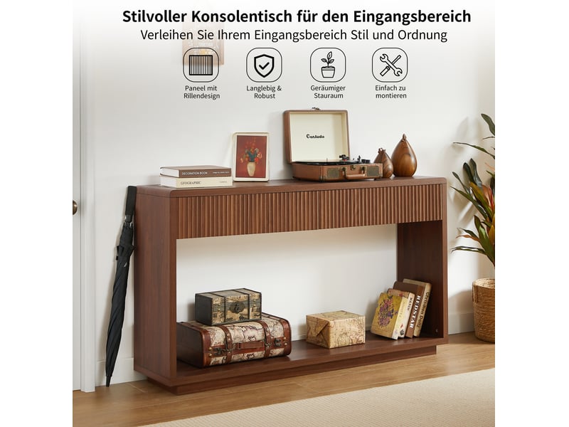  Table console d'entrée 150x35x85 cm – noyer – 2 tiroirs et tablette ouverte, style rétro rainuré  - Conforama E