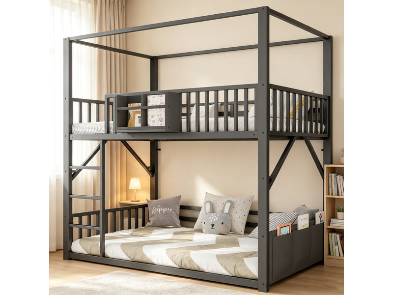  Lit superposé métal 90x200 cm pour enfant et ado, structure simple gain de place avec toit, lit superposé moderne noir  - Conforama E