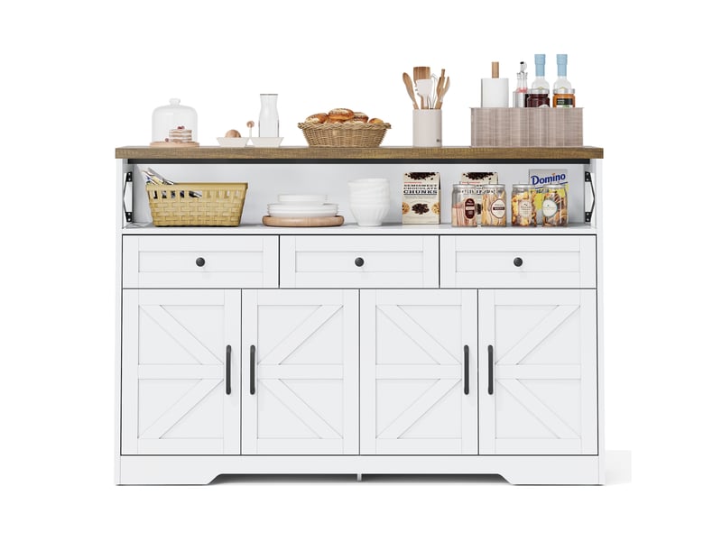 Buffet 140 cm style campagne blanc bois - barcafé, 3 tiroirs, portes et étagères - Conforama A