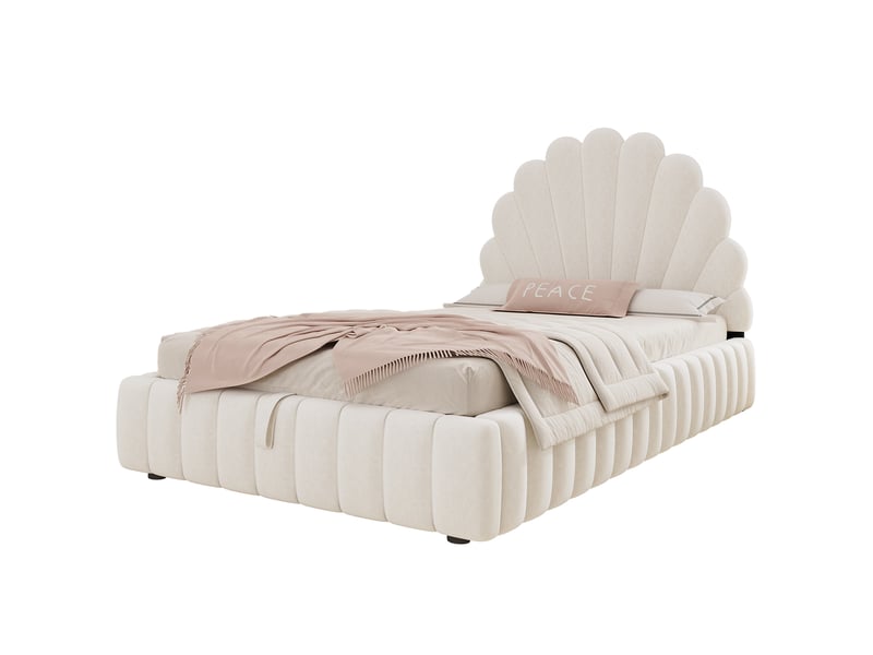  Lit enfant coffre rembourré 90x200 cm avec grand rangement hydraulique, tête de lit capitonnée en forme de fleur, sommier à lattes, velours, beige  - Conforama A