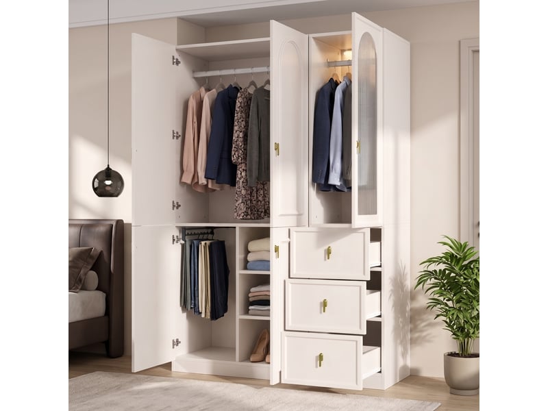 Armoire blanche 135x48x200 cm avec éclairage led, 5 portes, 3 tiroirs et verre cannelé - Conforama R
