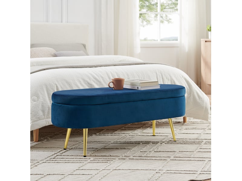  Banc de rangement 110x40x42 cm, coffre 20 l, pieds en bois, meuble chambre, meuble bureau et salon, velours, bleu foncé  - Conforama E