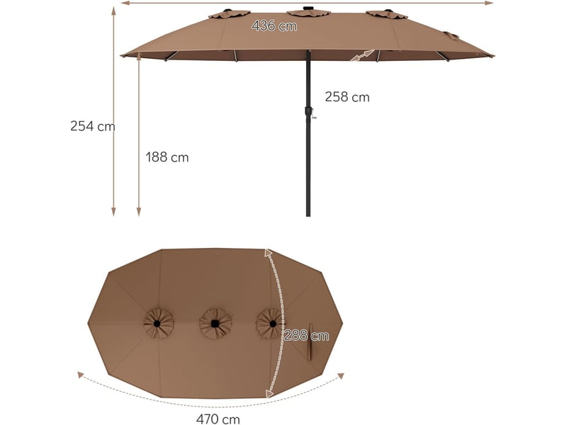  Parasol à 12 baleines (marron, 4,36 x 2,58 m, led, pied non inclus) | parasol rectangulaire avec manivelle, 144 led solaires, 12 modes  - Conforama B