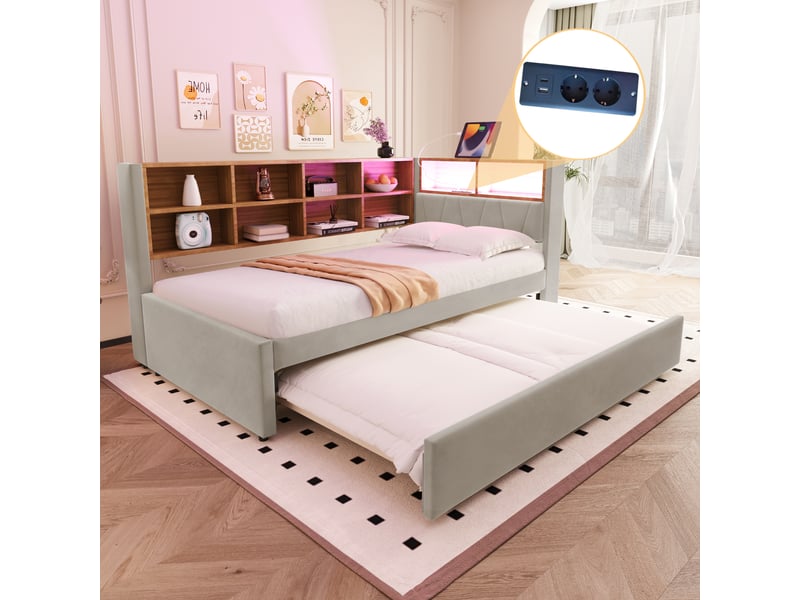  Canapé-lit 90x200 cm + gigogne 90x190 cm avec led et prises, flanelle gris clair, sans matelas  - Conforama E