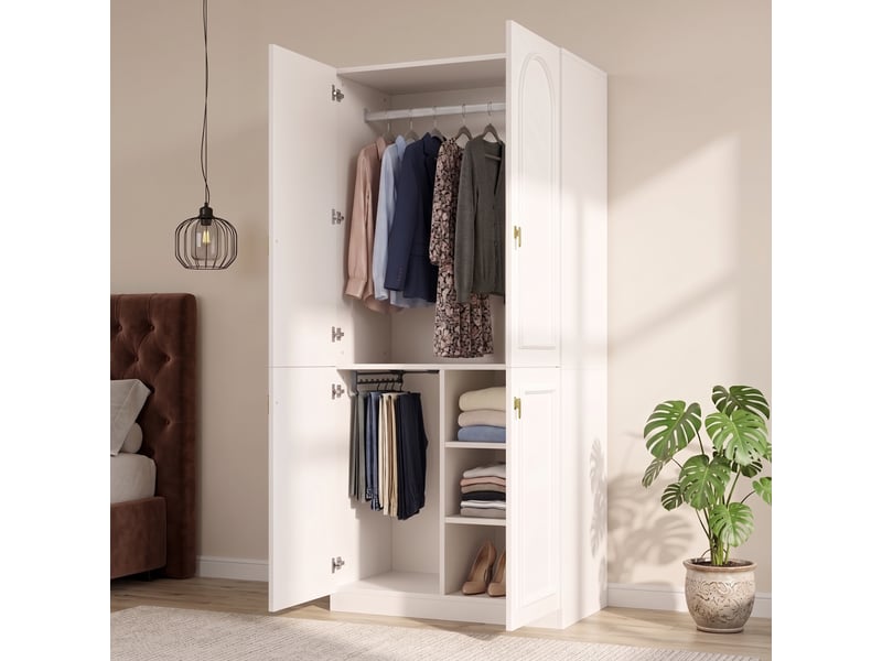  Armoire de chambre blanche 90x48x200 cm avec 2 penderies et 3 étagères  - Conforama R