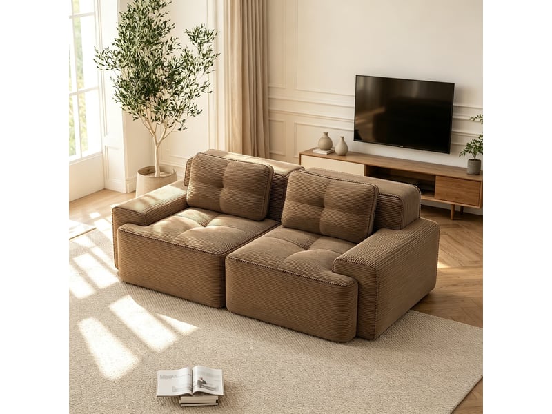  Canapé modulable 2 places sans armature, velours côtelé effet nuage, assise profonde, 69 × 204 × 104 cm, marron  - Conforama D