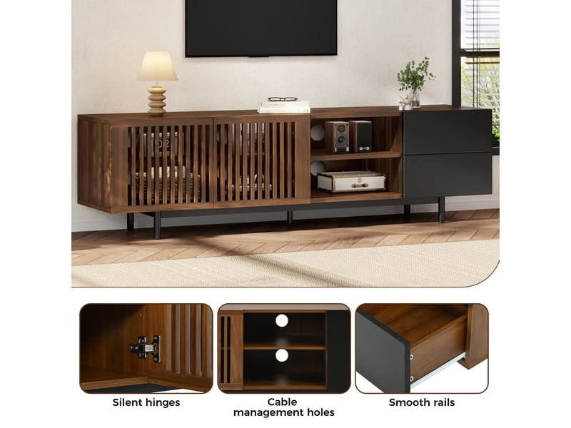 Meuble tv avec 2 portes à lamelles, 2 tiroirs et niches ouvertes, pour salon, en mdf, noir et bois, 160 × 38 × 50 cm  - Conforama E