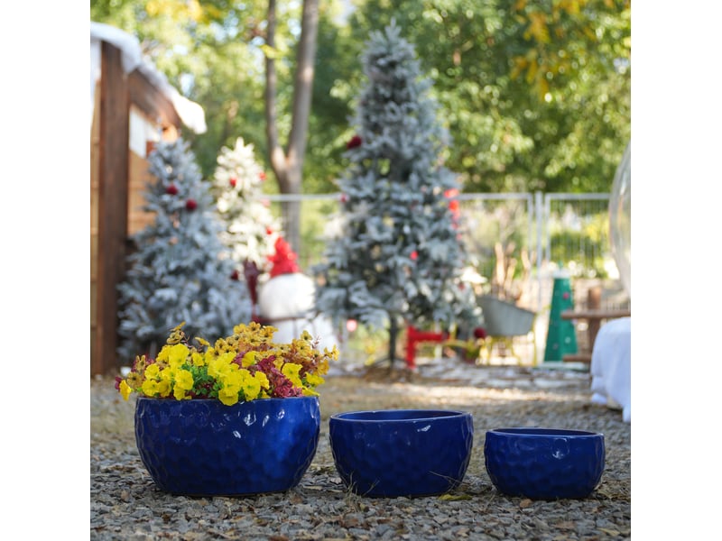 Lot de 3 pots de fleurs en céramique bleu antique, texture martelée, pour intérieur et extérieur, avec drainage - Conforama B