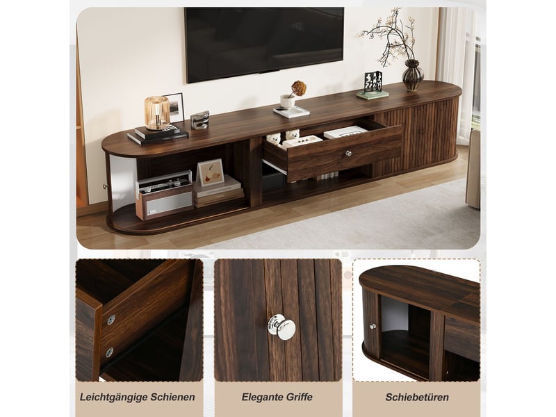  Meuble tv 180 cm avec rangement, 2 portes roulantes et tiroir, design noyer avec rayures verticales, pour tv jusqu'à 75 pouces  - Conforama E